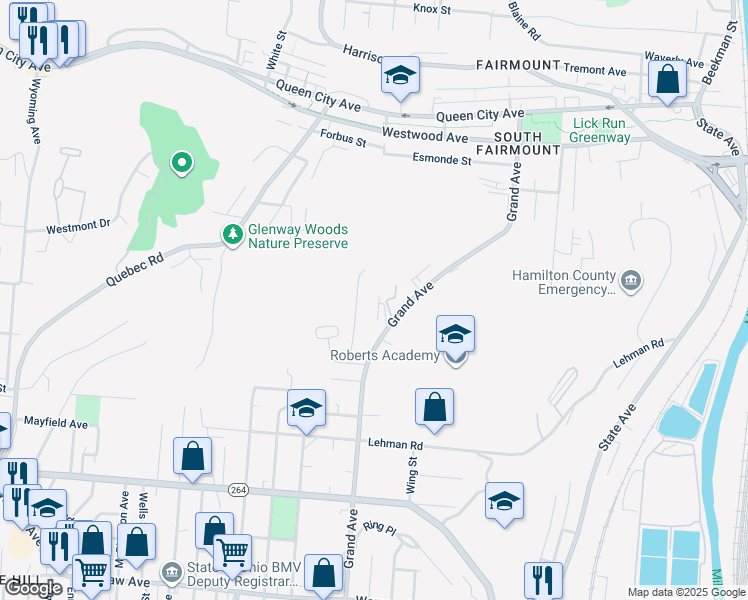 map of restaurants, bars, coffee shops, grocery stores, and more near 1859 Grand Avenue in Cincinnati