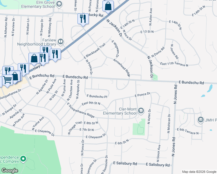 map of restaurants, bars, coffee shops, grocery stores, and more near 18612 East 9th Terrace North in Independence
