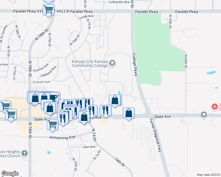 map of restaurants, bars, coffee shops, grocery stores, and more near 7307 73rd Terrace in Kansas City
