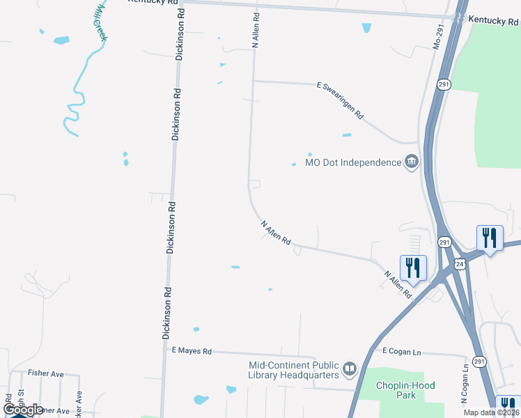 map of restaurants, bars, coffee shops, grocery stores, and more near 815 North Allen Road in Independence