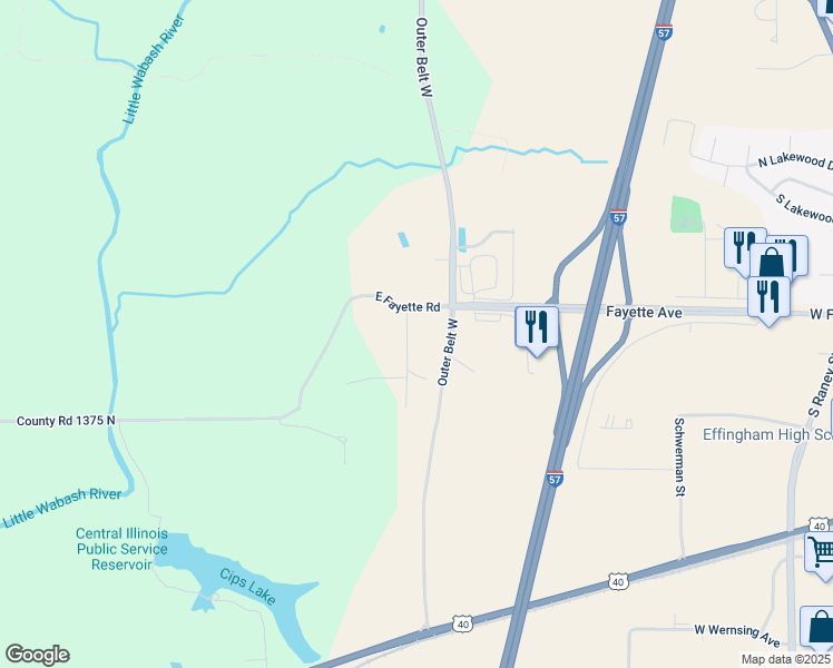 map of restaurants, bars, coffee shops, grocery stores, and more near 304 Granada Drive in Effingham