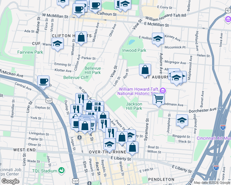 map of restaurants, bars, coffee shops, grocery stores, and more near 2157 Rice Street in Cincinnati