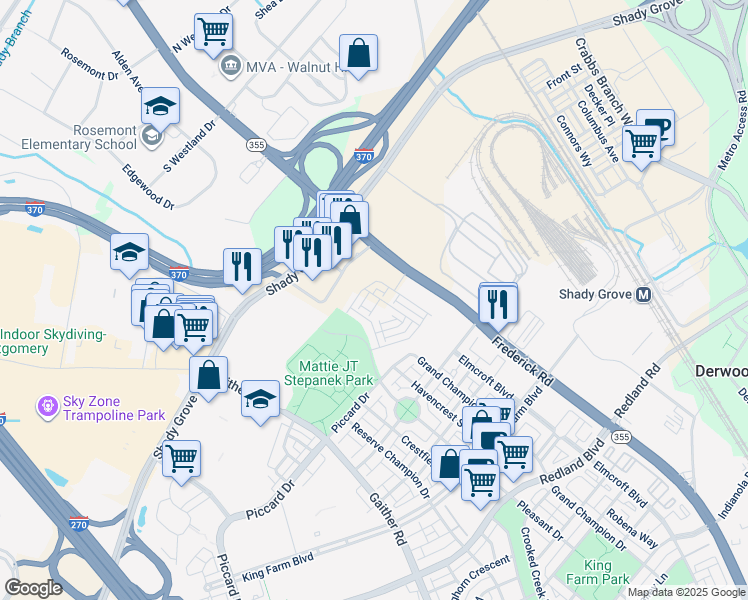 map of restaurants, bars, coffee shops, grocery stores, and more near 3146 Nina Clarke Drive in Rockville