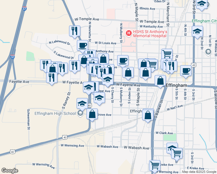 map of restaurants, bars, coffee shops, grocery stores, and more near 900 West Edgar Avenue in Effingham