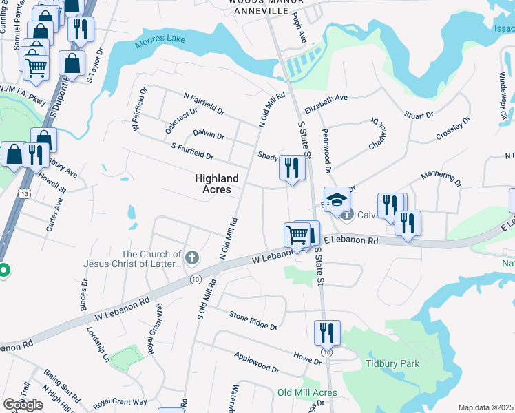 map of restaurants, bars, coffee shops, grocery stores, and more near 1969 Highland Avenue in Dover