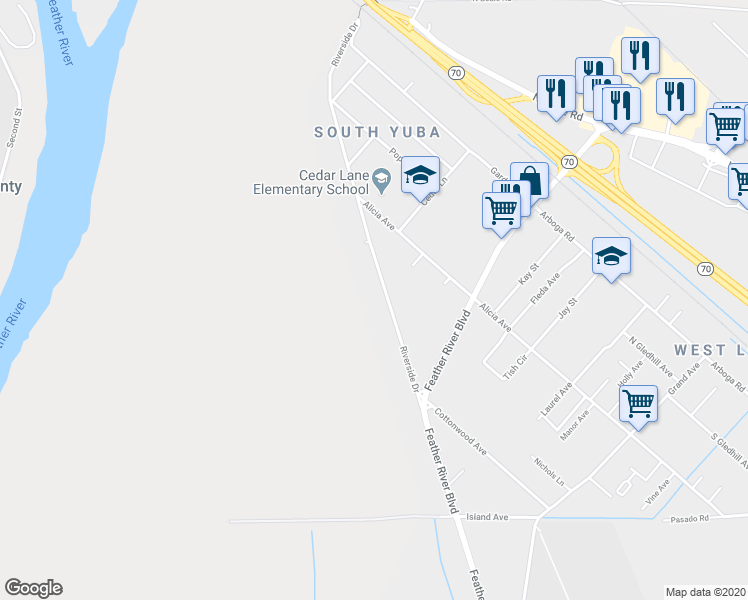 map of restaurants, bars, coffee shops, grocery stores, and more near 5738 Riverside Drive in Olivehurst