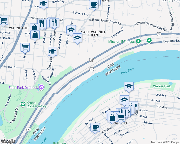 map of restaurants, bars, coffee shops, grocery stores, and more near 1909 Riverside Drive in Cincinnati