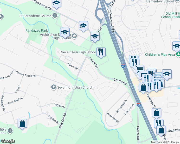 map of restaurants, bars, coffee shops, grocery stores, and more near 8148 Ridgely Loop in Severn
