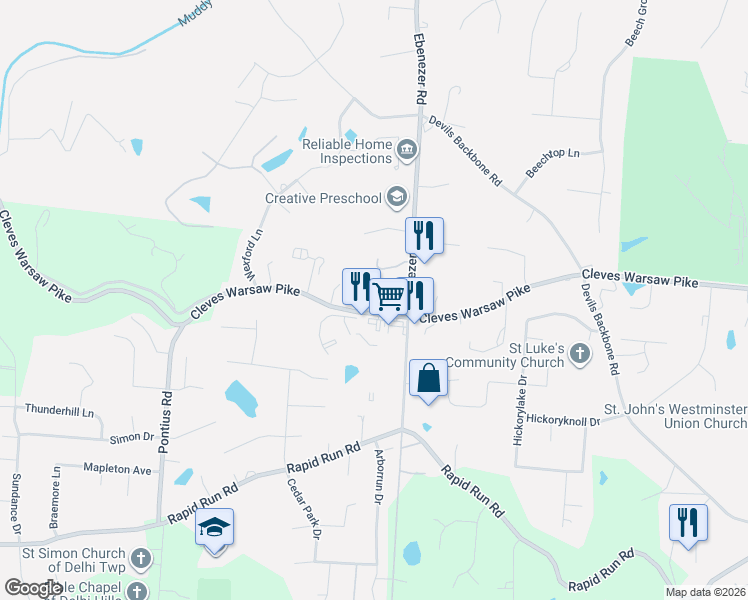 map of restaurants, bars, coffee shops, grocery stores, and more near 6140 Cleves Warsaw Pike in Cincinnati