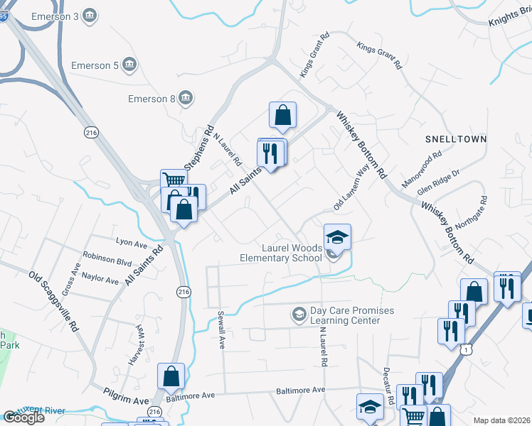 map of restaurants, bars, coffee shops, grocery stores, and more near 9620 Barrel House Road in Laurel