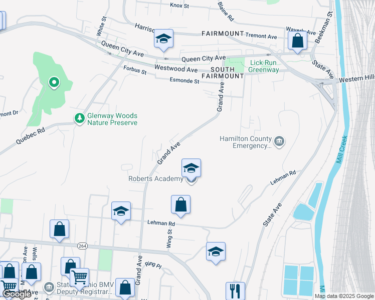 map of restaurants, bars, coffee shops, grocery stores, and more near 1900 Grand Avenue in Cincinnati