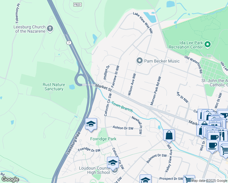 map of restaurants, bars, coffee shops, grocery stores, and more near 610 West Market Street in Leesburg
