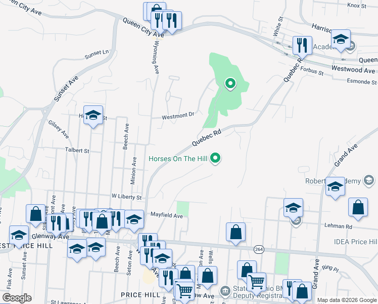 map of restaurants, bars, coffee shops, grocery stores, and more near 1812 Quebec Road in Cincinnati