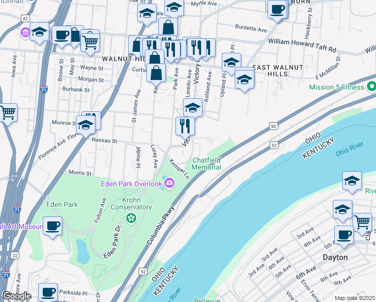 map of restaurants, bars, coffee shops, grocery stores, and more near 2194 Victory Parkway in Cincinnati