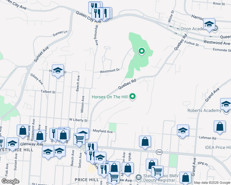 map of restaurants, bars, coffee shops, grocery stores, and more near 1812 Quebec Road in Cincinnati