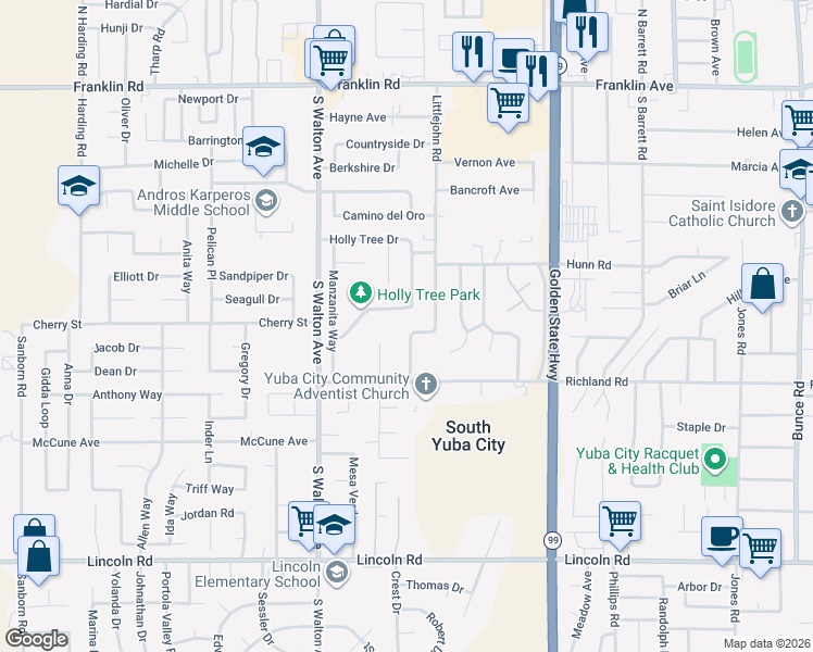 map of restaurants, bars, coffee shops, grocery stores, and more near 484 Parkview Avenue in Yuba City