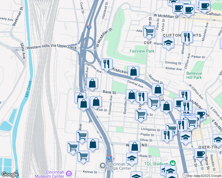 map of restaurants, bars, coffee shops, grocery stores, and more near 2107 Freeman Avenue in Cincinnati