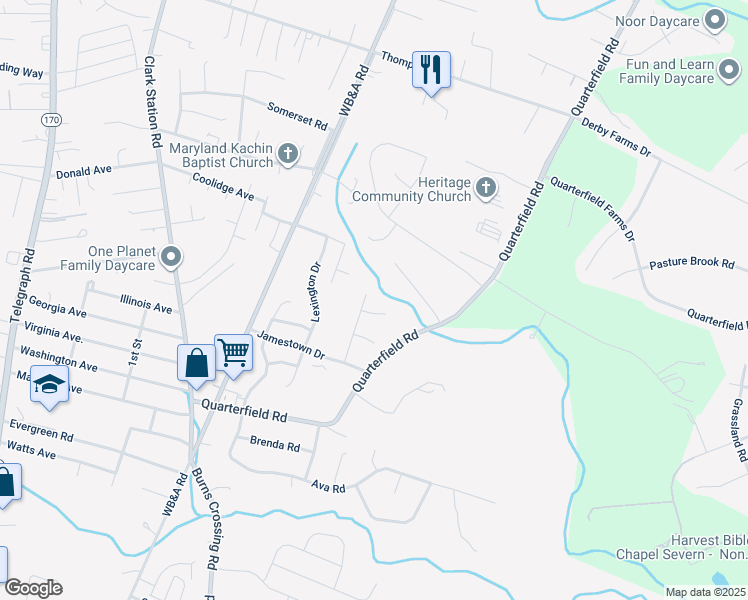 map of restaurants, bars, coffee shops, grocery stores, and more near 8205 Whitebark Lane in Severn