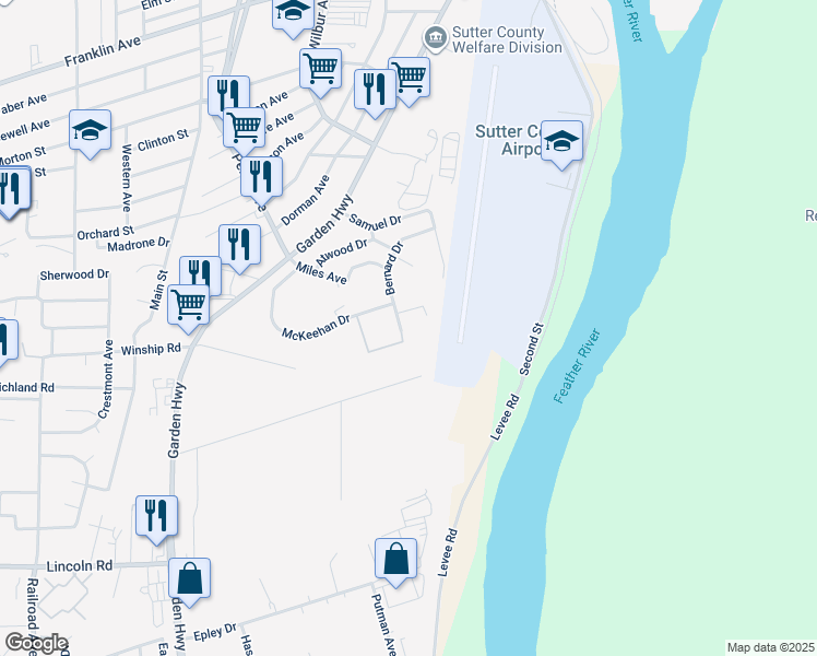 map of restaurants, bars, coffee shops, grocery stores, and more near 470 Bernard Drive in Yuba City