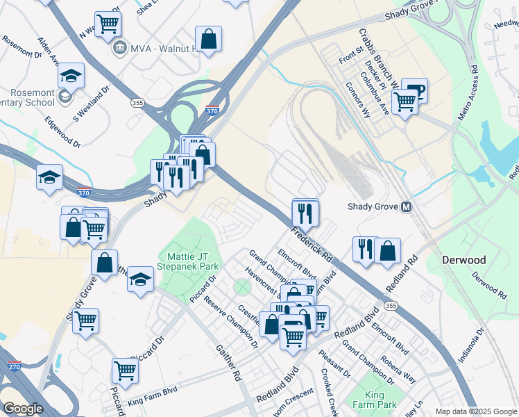 map of restaurants, bars, coffee shops, grocery stores, and more near 16088 Frederick Road in Rockville
