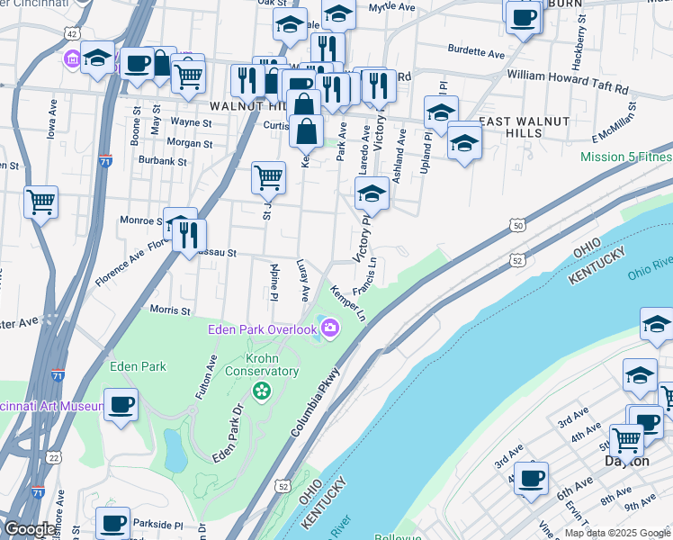 map of restaurants, bars, coffee shops, grocery stores, and more near 2194 Victory Parkway in Cincinnati