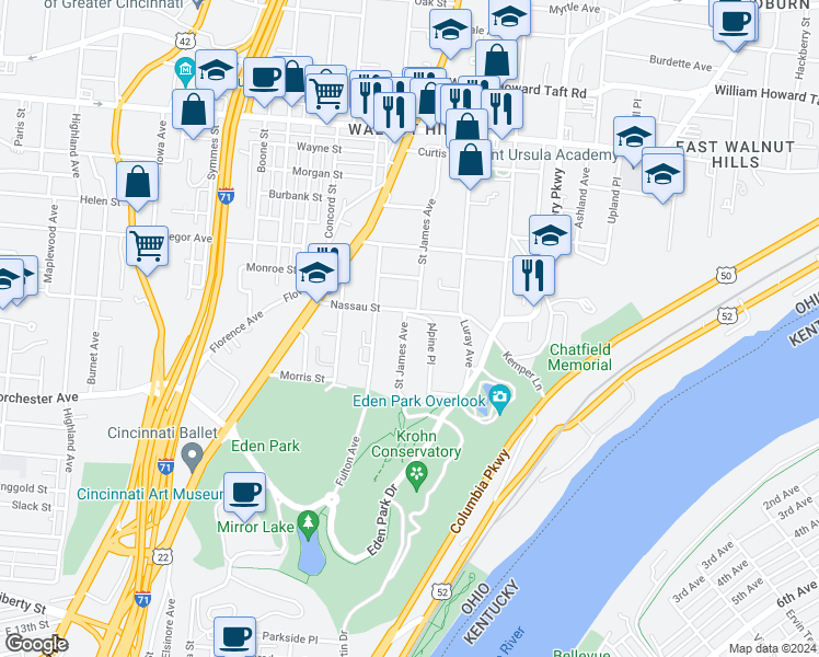 map of restaurants, bars, coffee shops, grocery stores, and more near in Cincinnati