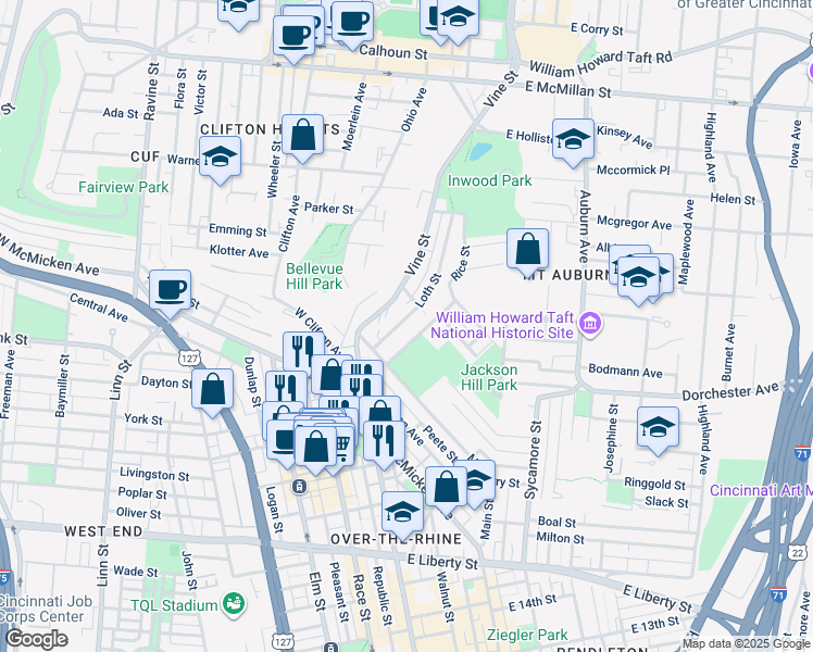 map of restaurants, bars, coffee shops, grocery stores, and more near 2120 Vine Street in Cincinnati