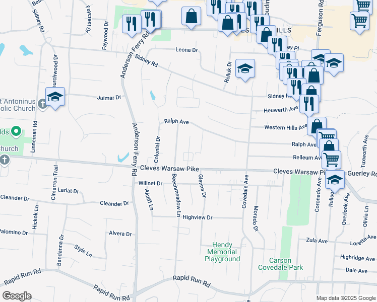 map of restaurants, bars, coffee shops, grocery stores, and more near 1345 Le Mar Drive in Cincinnati