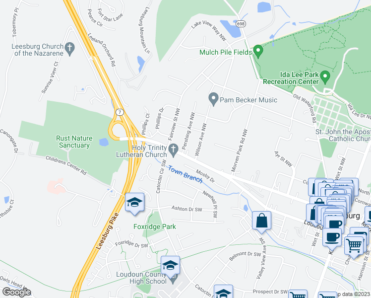 map of restaurants, bars, coffee shops, grocery stores, and more near 2 Pershing Avenue Northwest in Leesburg