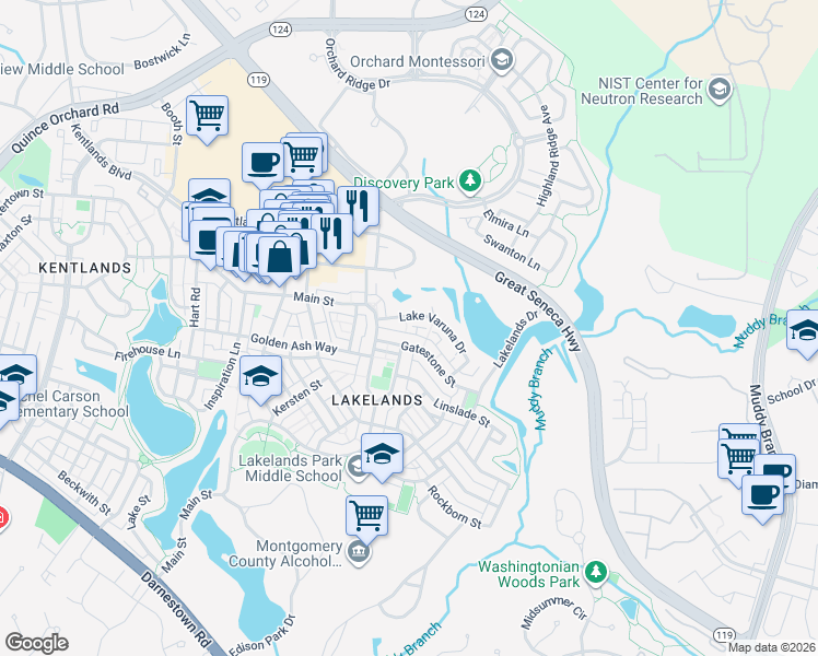 map of restaurants, bars, coffee shops, grocery stores, and more near 664 Lake Varuna Mews in Gaithersburg