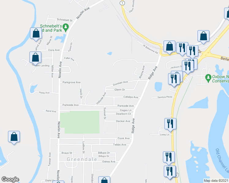 map of restaurants, bars, coffee shops, grocery stores, and more near 69 Glenn Drive in Greendale