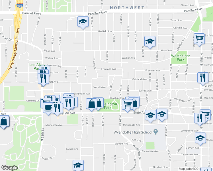 map of restaurants, bars, coffee shops, grocery stores, and more near 3100 Everett Avenue in Kansas City