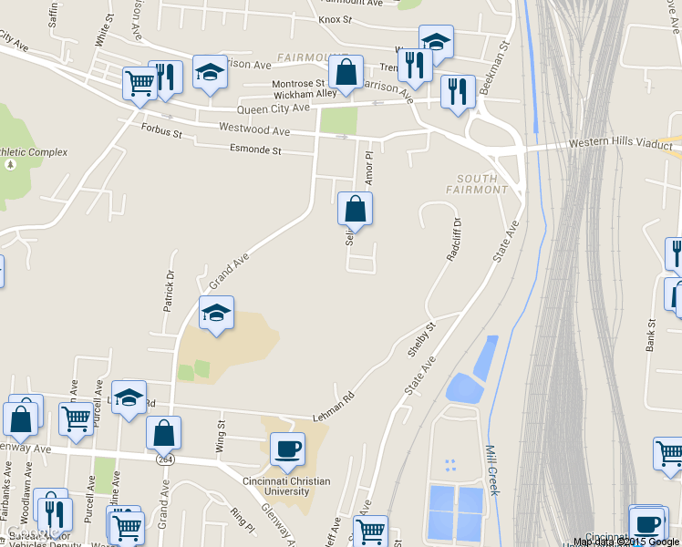 map of restaurants, bars, coffee shops, grocery stores, and more near 2099 Selim Avenue in Cincinnati