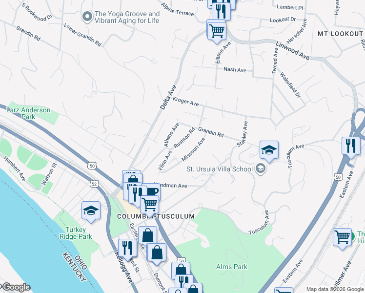 map of restaurants, bars, coffee shops, grocery stores, and more near 634 Rushton Road in Cincinnati