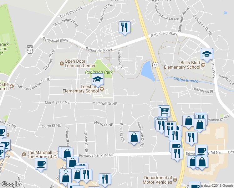 map of restaurants, bars, coffee shops, grocery stores, and more near 804 Cattail Lane Northeast in Leesburg
