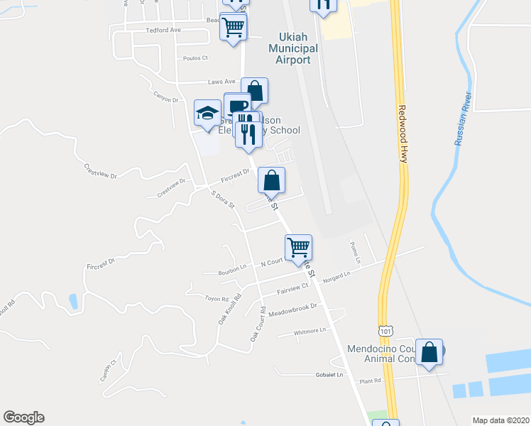 map of restaurants, bars, coffee shops, grocery stores, and more near 2240 South State Street in Ukiah