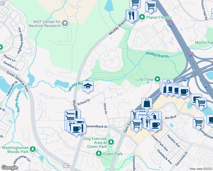 map of restaurants, bars, coffee shops, grocery stores, and more near 31 School Drive in Gaithersburg