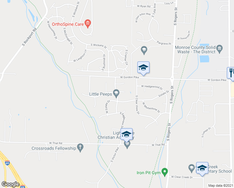 map of restaurants, bars, coffee shops, grocery stores, and more near Falcon Drive in Bloomington