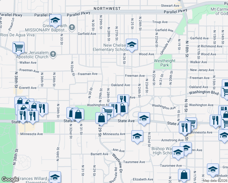 map of restaurants, bars, coffee shops, grocery stores, and more near 1415 North 27th Street in Kansas City
