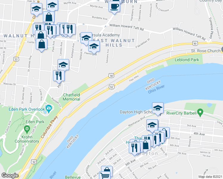map of restaurants, bars, coffee shops, grocery stores, and more near 1919 Riverside Drive in Cincinnati