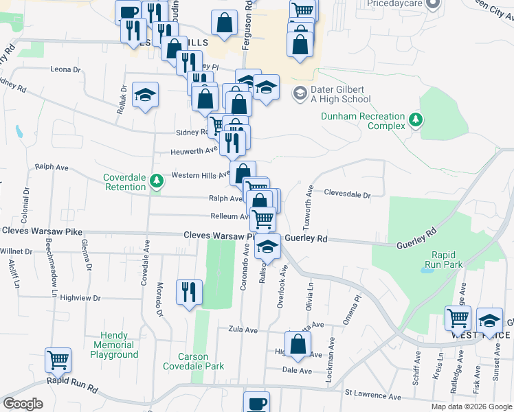 map of restaurants, bars, coffee shops, grocery stores, and more near 4944 Glenway Avenue in Cincinnati