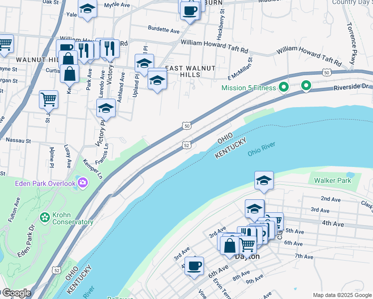 map of restaurants, bars, coffee shops, grocery stores, and more near 1919 Riverside Drive in Cincinnati