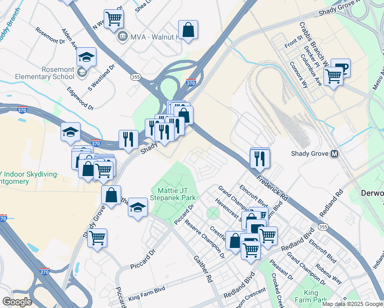 map of restaurants, bars, coffee shops, grocery stores, and more near Henson Oaks Lane in Rockville