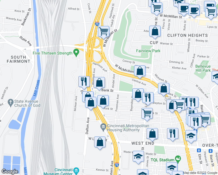 map of restaurants, bars, coffee shops, grocery stores, and more near 2108 Colerain Avenue in Cincinnati
