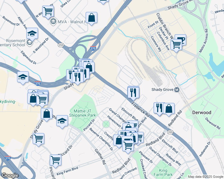 map of restaurants, bars, coffee shops, grocery stores, and more near 16096 Frederick Road in Rockville