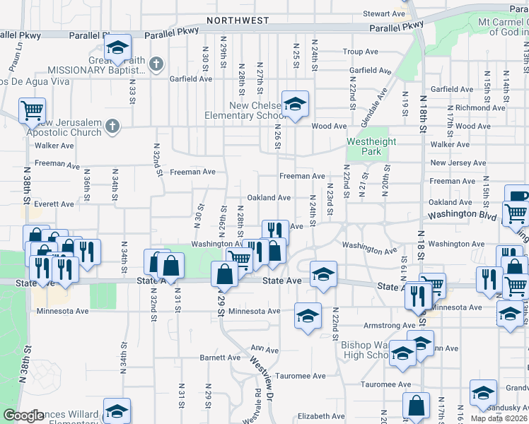 map of restaurants, bars, coffee shops, grocery stores, and more near 1415 North 27th Street in Kansas City