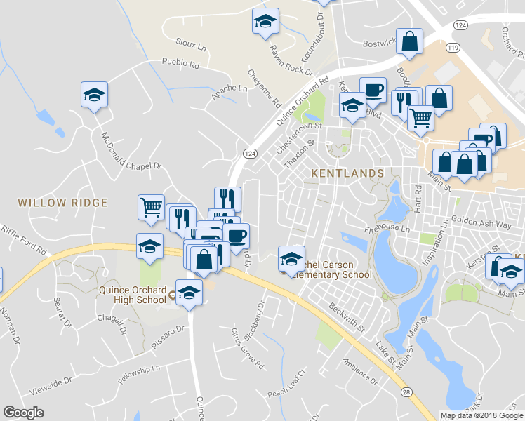 map of restaurants, bars, coffee shops, grocery stores, and more near 41 Timber Rock Road in Gaithersburg