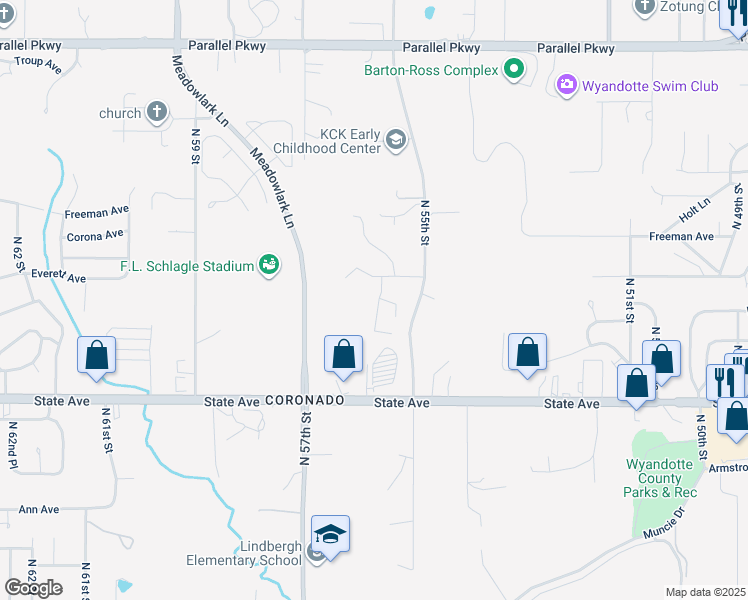 map of restaurants, bars, coffee shops, grocery stores, and more near 1330 North 55th Drive in Kansas City