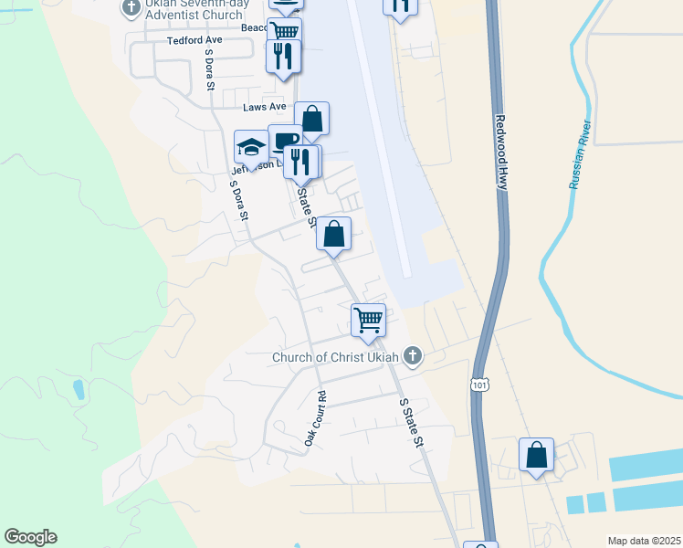 map of restaurants, bars, coffee shops, grocery stores, and more near 2240 South State Street in Ukiah