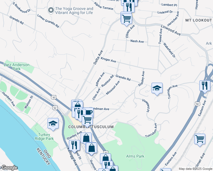 map of restaurants, bars, coffee shops, grocery stores, and more near 634 Rushton Road in Cincinnati